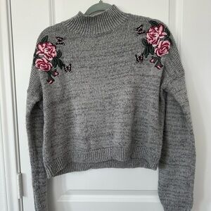 Cloud Chaser Gray Sweater Embroidered Butterfly and Roses
